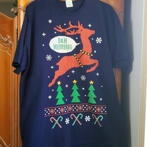JERZEES 2X TEE Navy  Bah Humbug Christmas tee. With reindeer,  trees, candy cane